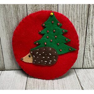 Vtg Hedgehog Christmas Tree Decor Happy Holidays Felt Ornament 5" Diameter